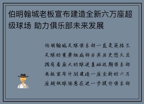 伯明翰城老板宣布建造全新六万座超级球场 助力俱乐部未来发展