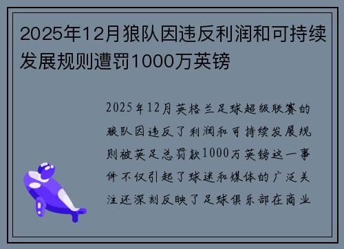 2025年12月狼队因违反利润和可持续发展规则遭罚1000万英镑