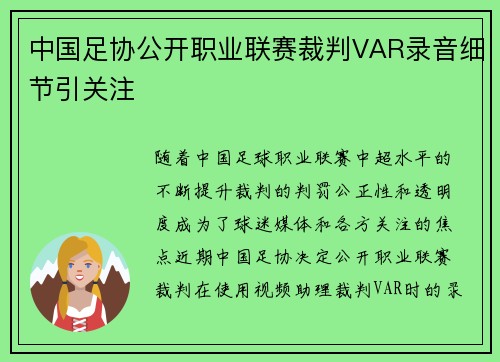 中国足协公开职业联赛裁判VAR录音细节引关注